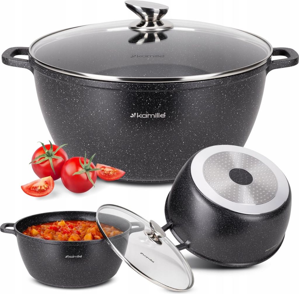 A collection of cookware and ingredients, including a large pot with a lid, a smaller pot with food, tomatoes, and a detached pot base.