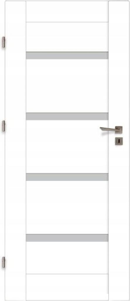 A white interior door with horizontal glass inserts and a silver door handle.