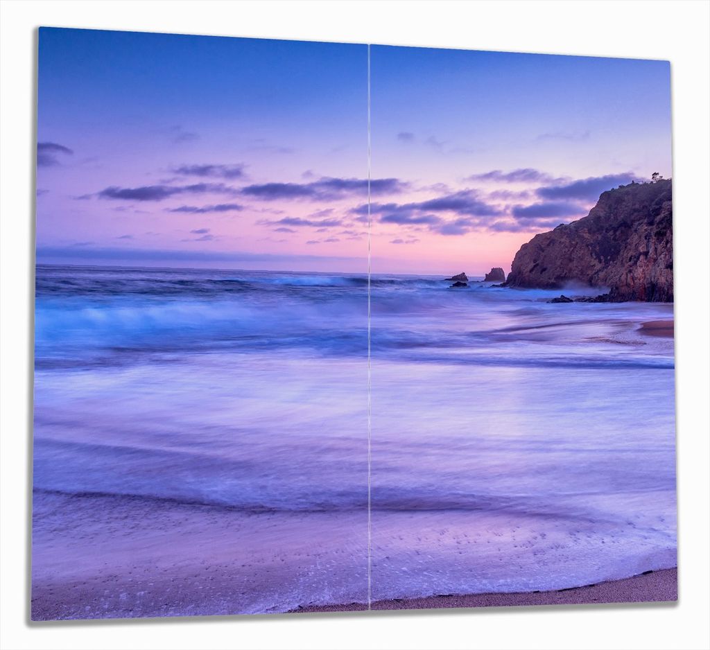 Wallario Herdabdeckplatte aus Glas, Größe 60 x 52 cm 2-teilig, Motiv Kalifornischer Strand am Abend mit Felsenküste