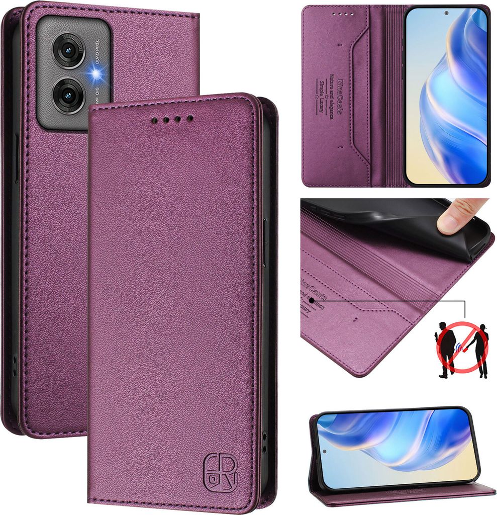 Lederhülle für Motorola Moto G55 Hülle Flip Brieftasche Kartenfächern Ständer Schutzhülle Lila