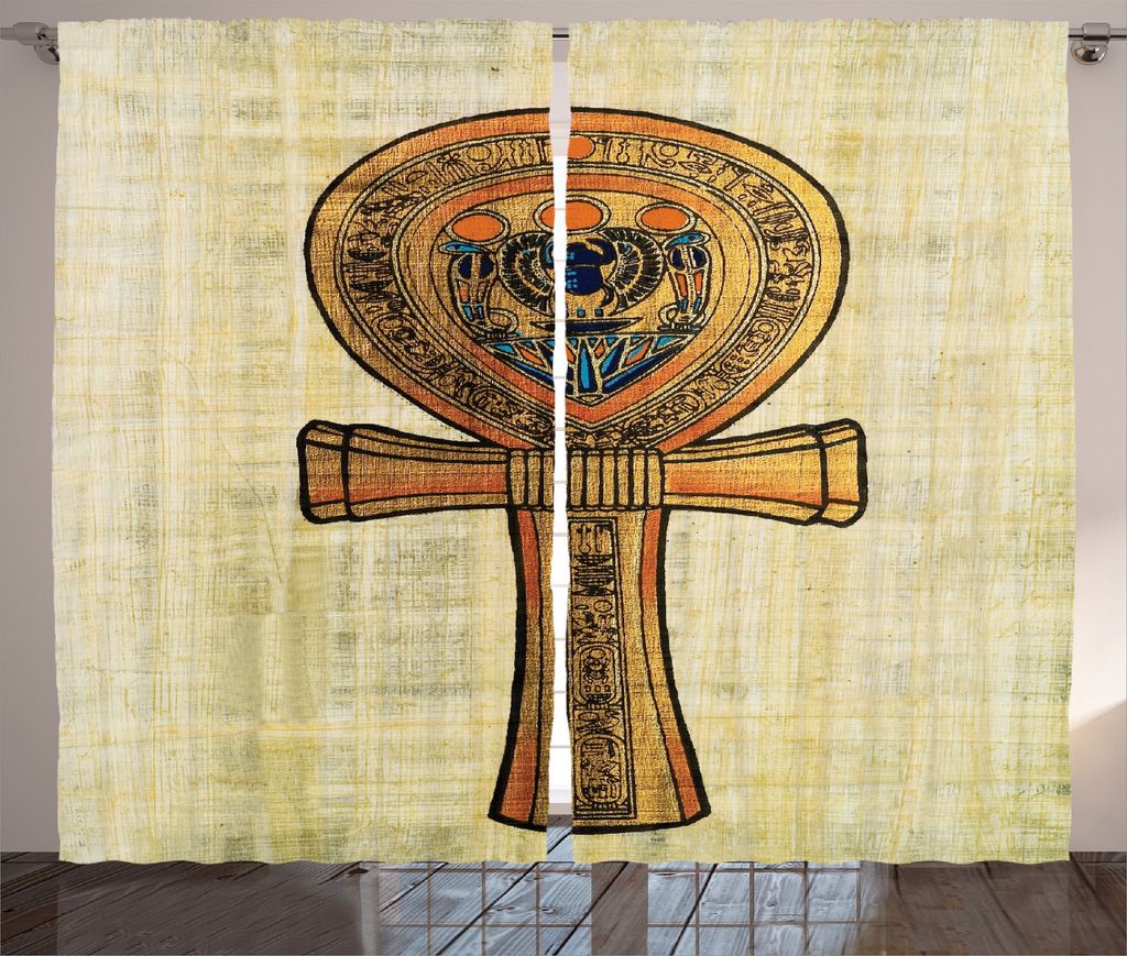 ABAKUHAUS ägyptisch Rustikaler Gardine, Antikes Kultur-Zeichen, Schlafzimmer Kräuselband Vorhang mit Schlaufen und Haken, 280 x 225 cm, Creme Orange