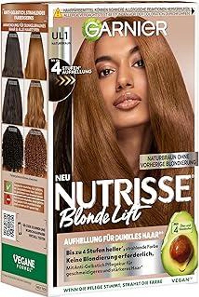 Garnier Nutrisse Blonde Lift Aufhellung für dunkles Haar in Naturbraun mit 4-Stufen-Aufhellung ohne vorherige Blondierung, 1 Stück