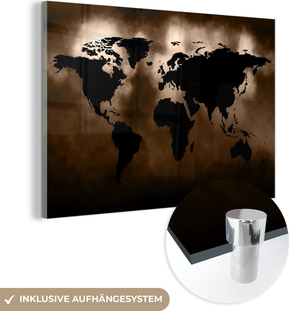 MuchoWow Glasbilder - Bilder auf Wandbild - Foto auf Glas Weltkarte - Schwarz - Braun 120x80 cm Wanddekoration aus Glas - Acrylglasbild - Acrylbild...
