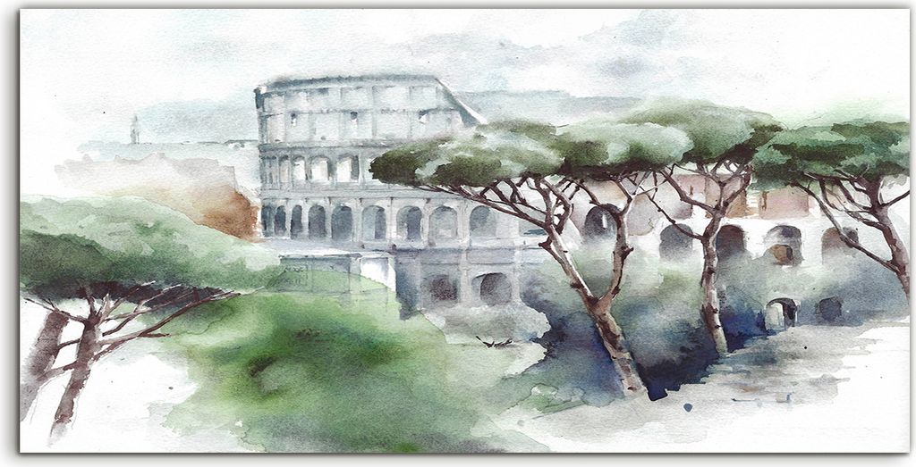 Coloray Spritzschutz aus Glas 120x60 Wandkunst Küchenrückwand Rom Kolosseum Landschaft mit Kiefern