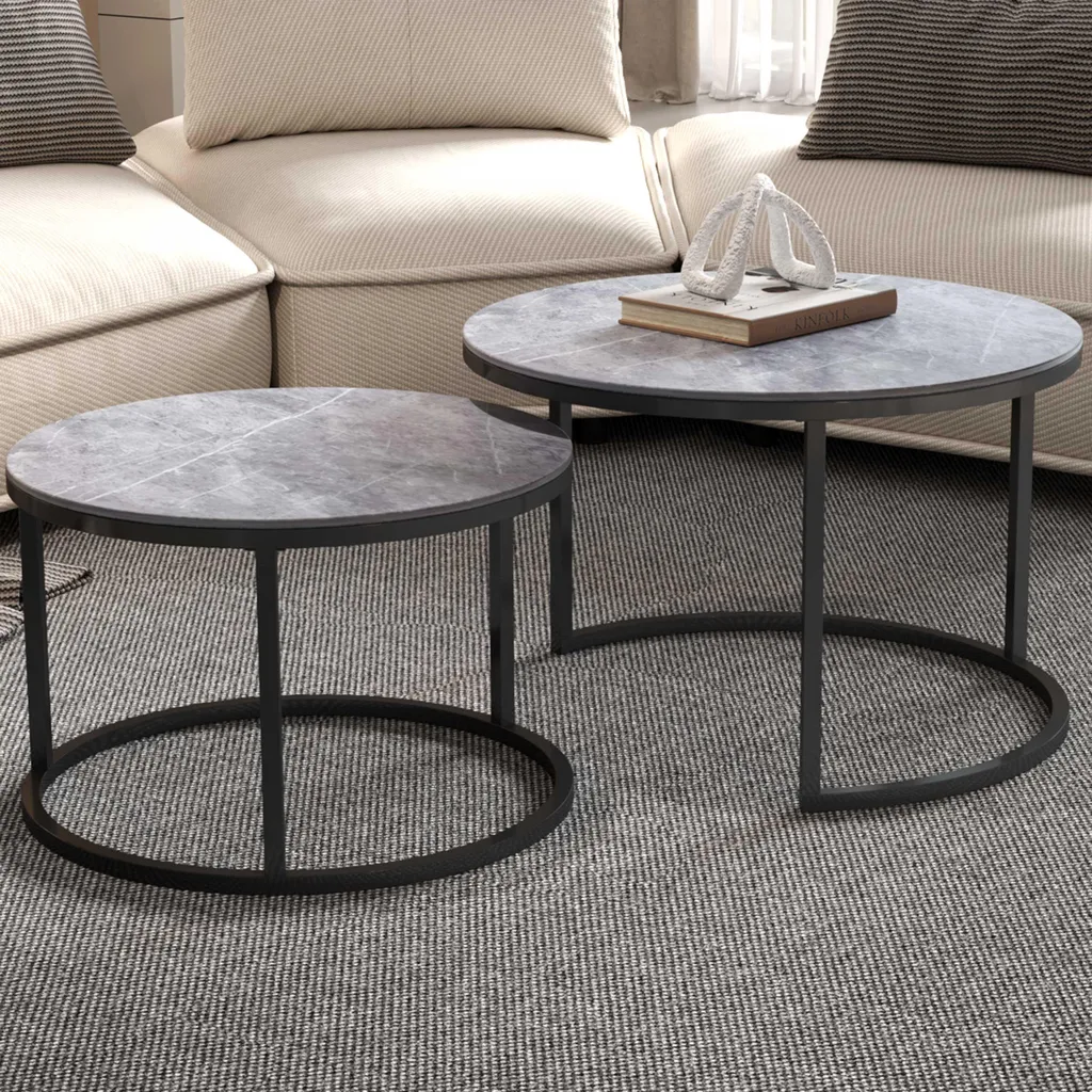 Table basse Boston Ø80 et Ø60cm ensemble de 2 pièces en marbre gris