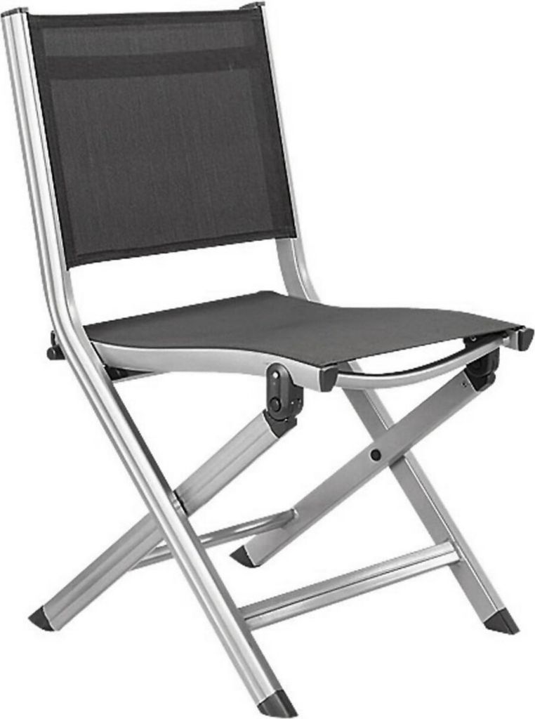 A folding chair with a silver frame and black fabric seat and back.