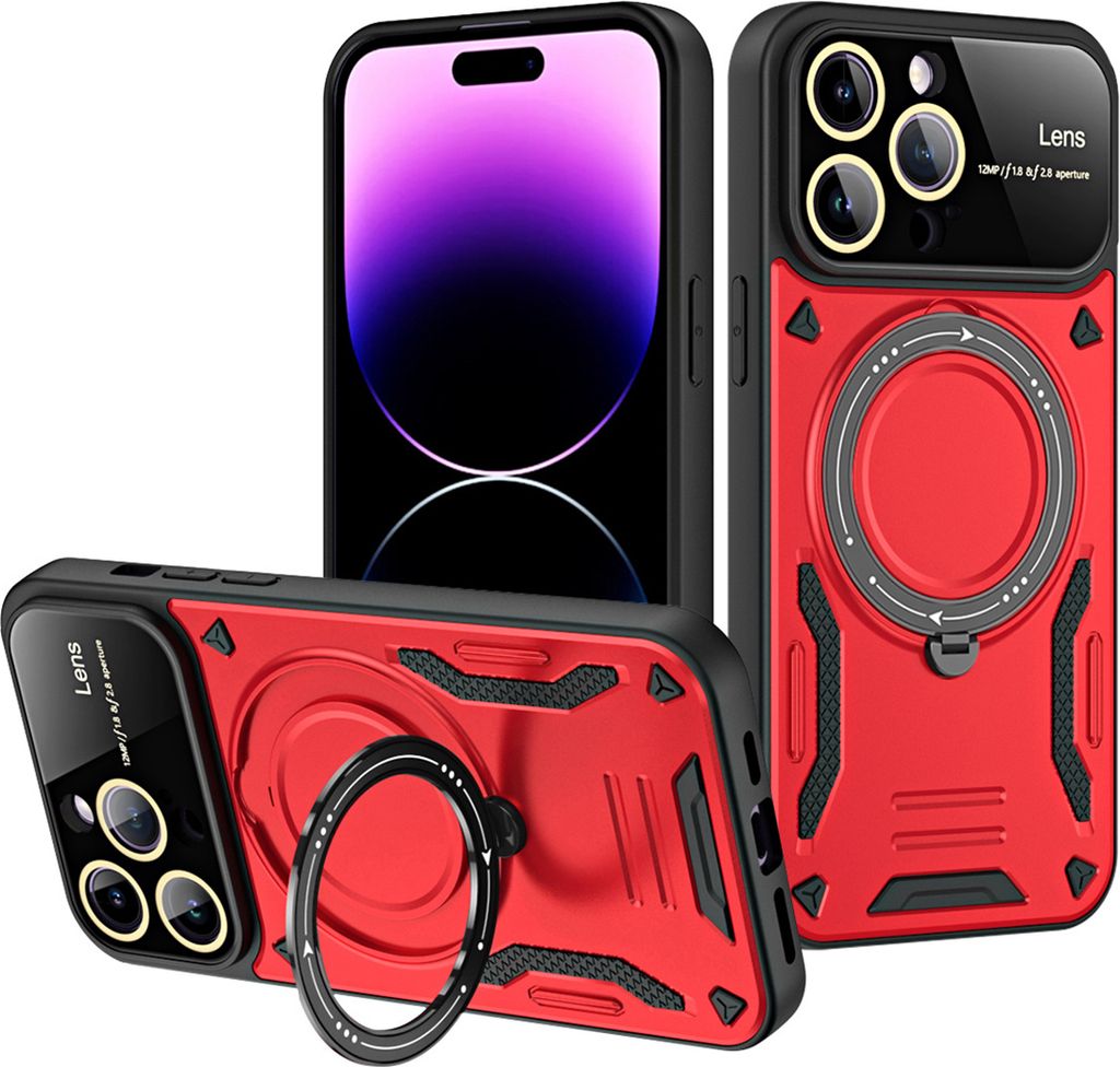 Rüstung Handyhülle für iPhone 14 Pro Max Dual-Layer Magnetisches Ringhalter Ständer Magsafe Hülle Rot