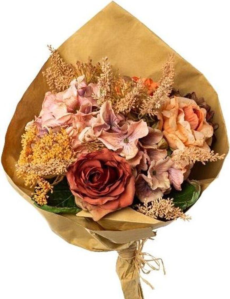 artplants.de Deko Blumenstrauß Rose Hortensie Skimmie FORTA, orange-lachs-Altrosa, 50cm - Kunststrauß