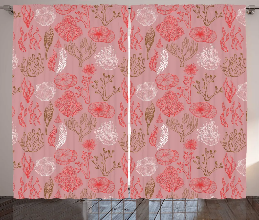 Rideau de chambre motif coraux roses séchées avec galon fronceur