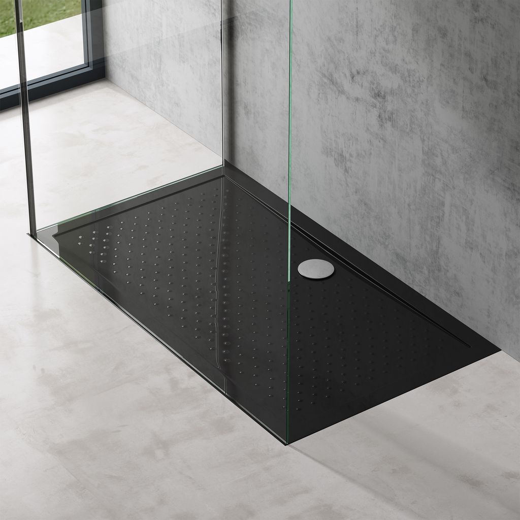 doporro Duschtasse Duschwanne 80x140x4 flach inkl. Ablaufgarnitur Schwarz aus Acryl mit Anti-Rutsch Profil und DIN-Anschlüssen auch für bodeneben...