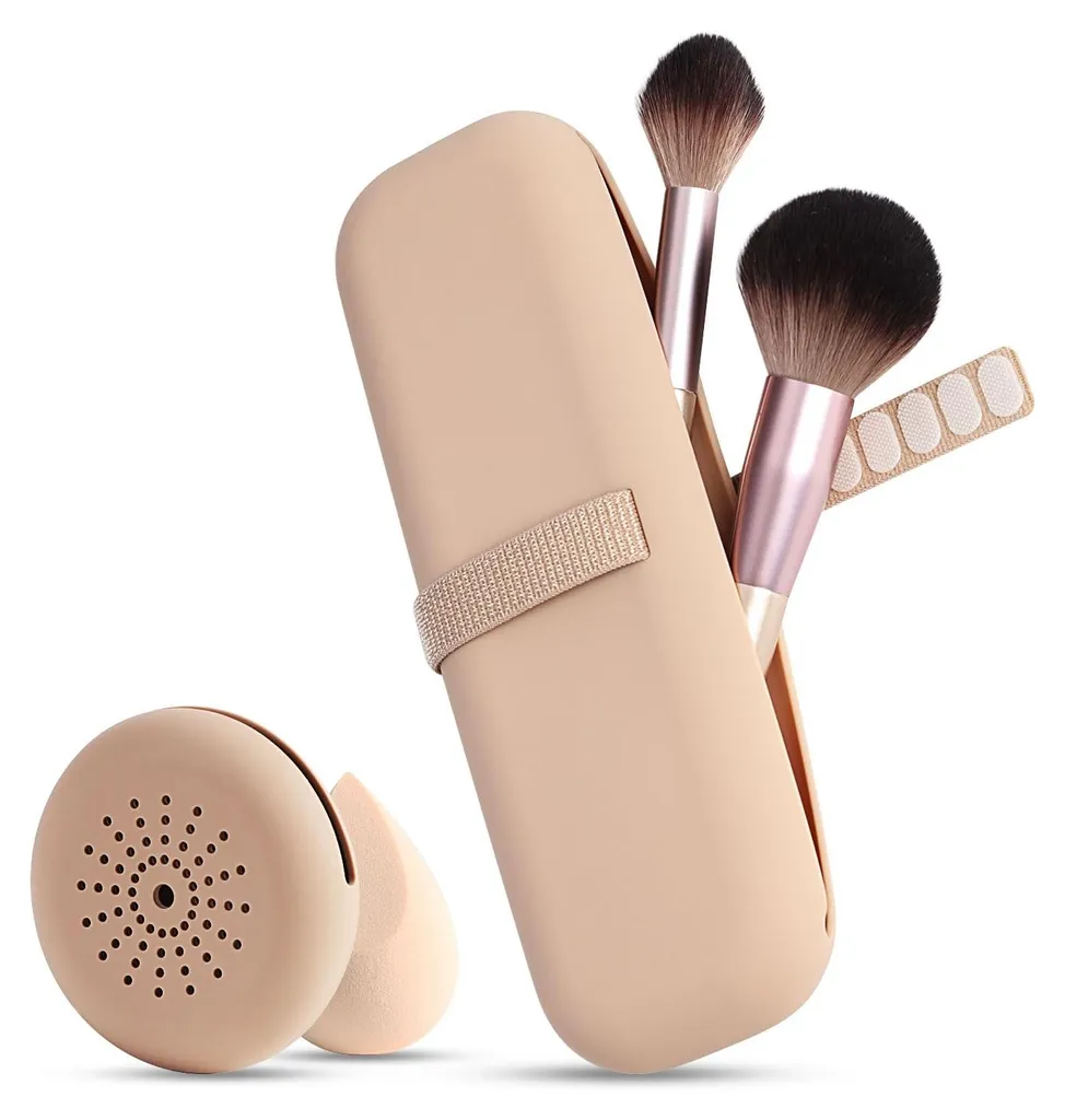 Étui pinceaux maquillage silicone lavable avec support éponge teint kaki