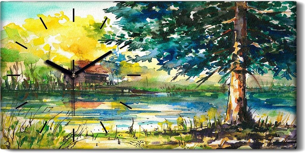 Wanduhr Bürouhr Leinwand Bild 60x30 Foto Bild Landschafts Dorf Baum Wasser - schwarze Hände