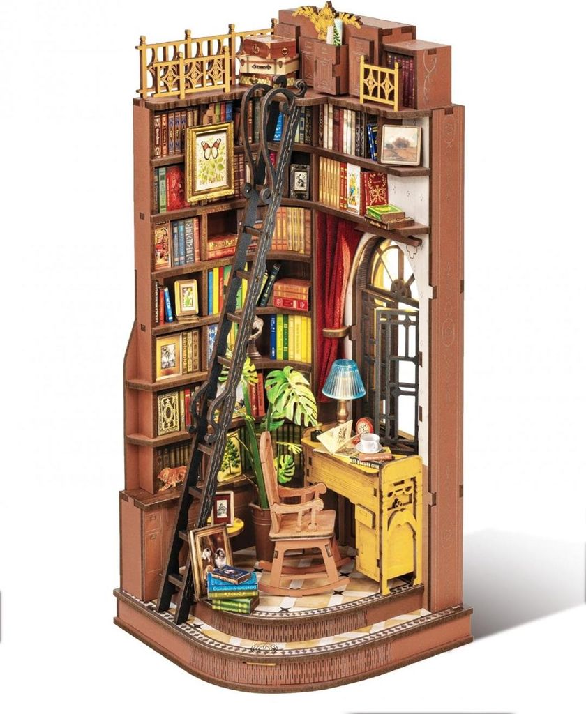 A miniature, detailed diorama of a study room inside a bookshelf.