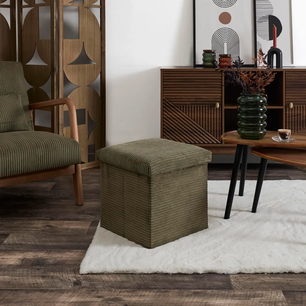 Banc de Rangement Velours Côtelé Vert - Pouf Pliable Scott Décoratif