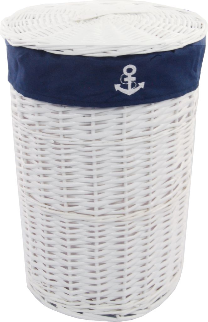 A white wicker laundry basket with a navy blue band and an anchor emblem.