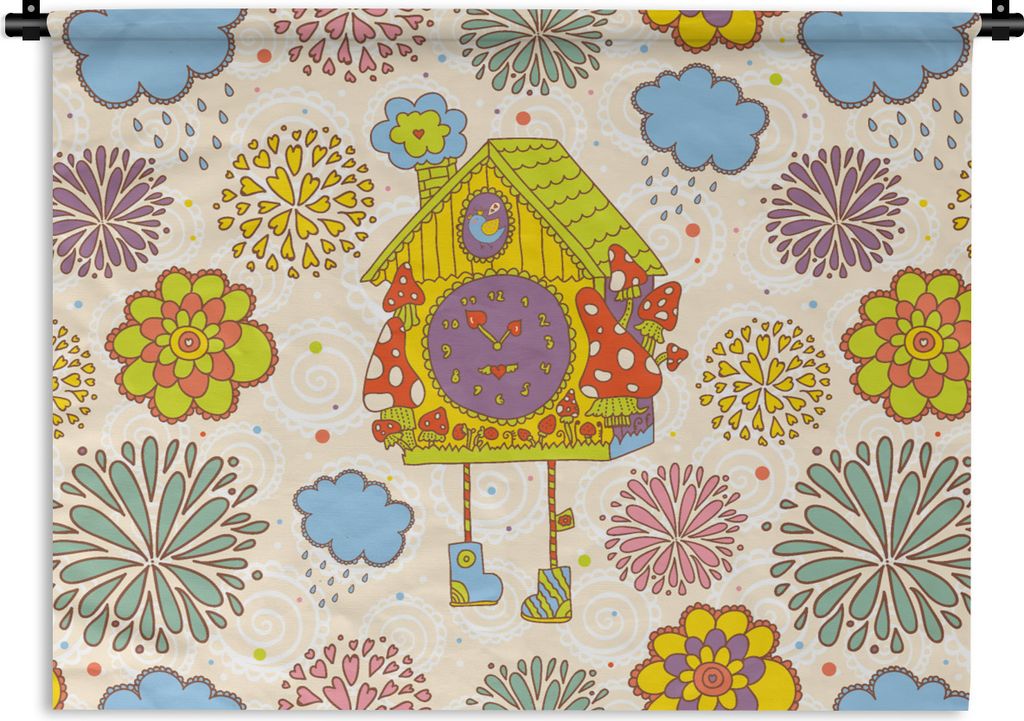 MuchoWow Wandteppich Wandbehang Kuckucksuhr - Muster - Pilz - Blumen 60x45 cm Tapisserie Dekoration Wandtuch - Das Schlafzimmer