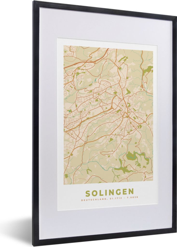 MuchoWow Gerahmtes Poster Stadtplan - Solingen - Vintage - Stadtplan 40x60 cm - Poster mit Schwarzem Bilderrahmen Wandposter Rahmen Foto Bilder -...