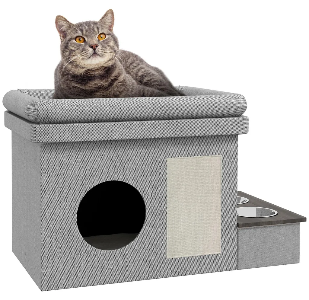 Maison pour Chat Gain de Place avec Gamelles Intégrées et Coussin Gris