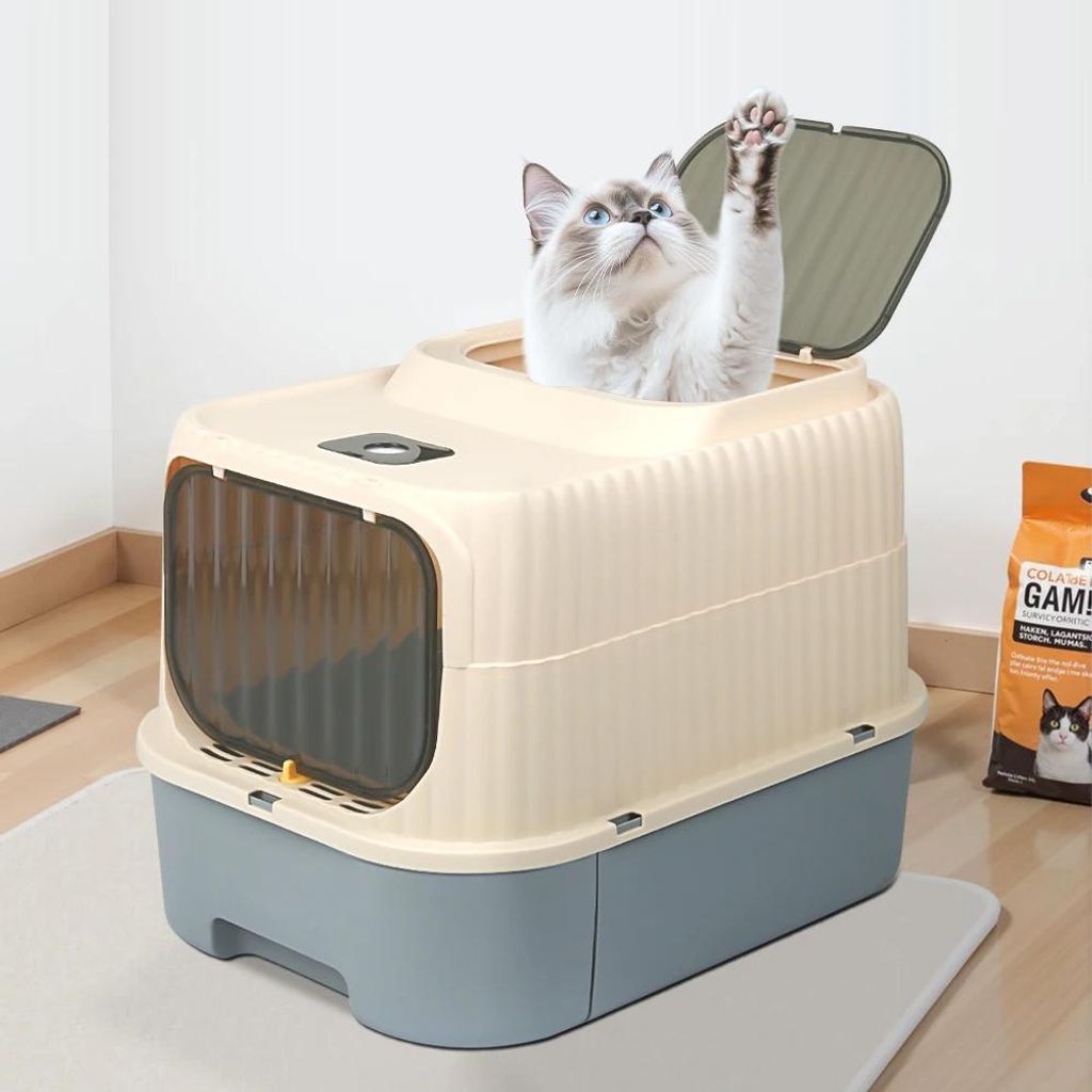 Katzentoilette mit Haube - Geschlossenes Katzenklo - 2 Ein- und Ausgänge - Halbtransparente Tür - Kunststoff - Grau