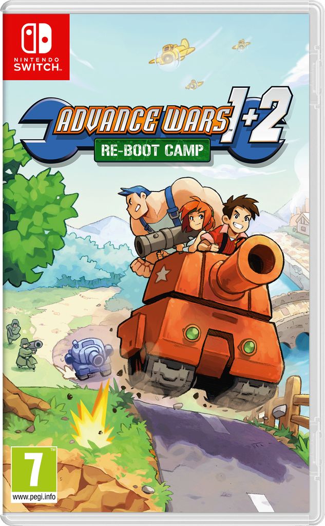 The cover art for the Nintendo Switch game Advance Wars 1+2: Re-Boot Camp, featuring characters on a tank.