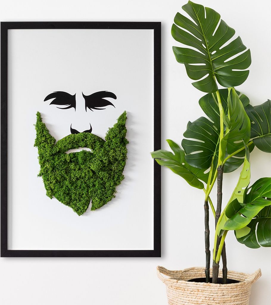 Moosbild mit Echtem Isländisch Moos - 40x60 cm - Schwarzer MDF-Rahmen - Hipster mit Bart