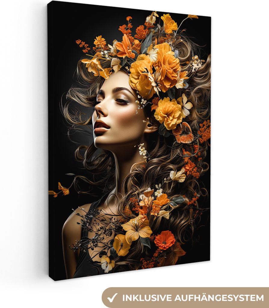 MuchoWow - Leinwandbilder - Frau - Porträt - Blumen - Farbenfroh, Wandbild, Wanddeko Bilder Wohnzimmer, 20x30 cm