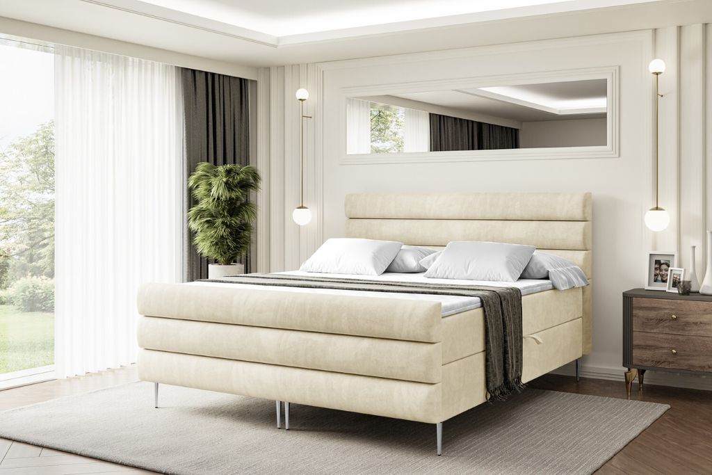 ALTDECOR Boxspringbett mit Silber Füßen, Matratze und Lattenrost, Topper, Fußteil, Polsterbett mit Bettkasten, Bett mit Stauraum H3-Matratze - C...