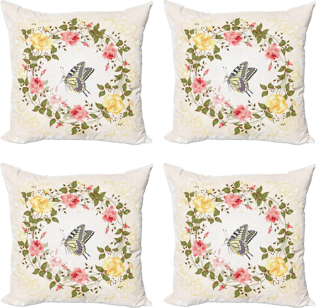 ABAKUHAUS Rose Kissenbezug Set (4 Stück), Weinlese-Kranz-Schmetterling, Moderner Doppelseitiger Digitaldruck, 40 cm x 40 cm, Mehrfarbig