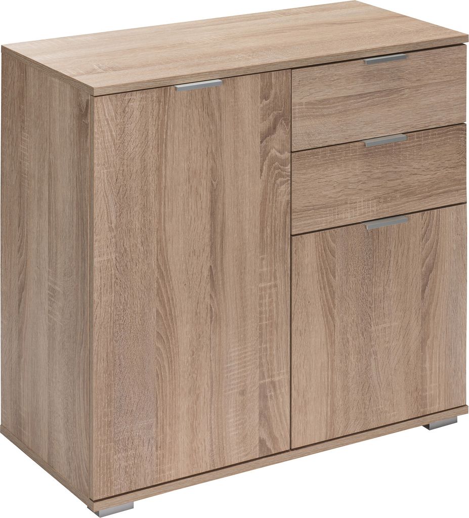 A light brown wooden cabinet with two doors and three drawers, shown from a three-quarter angle against a white background.