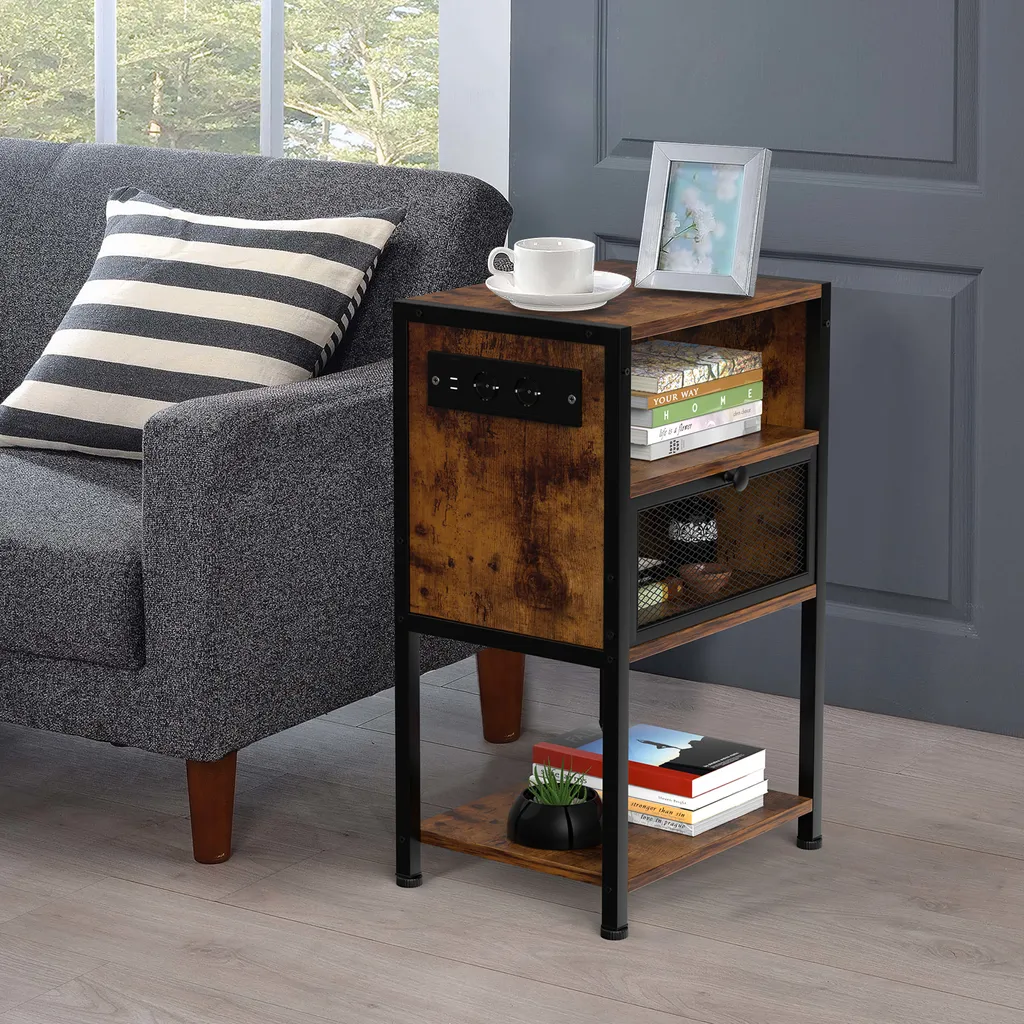 Supfine Table de Nuit avec Tiroirs et Prises USB Intégrées Brun Rustique - 5