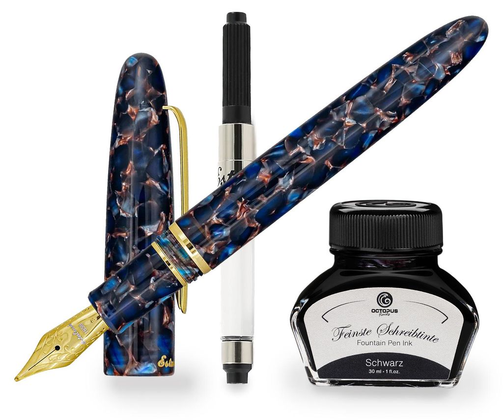 Esterbrook Estie Nouveau Blue Gold Trim Füllhalter, Patronenfüllhalter mit 30ml Tinte Schwarz