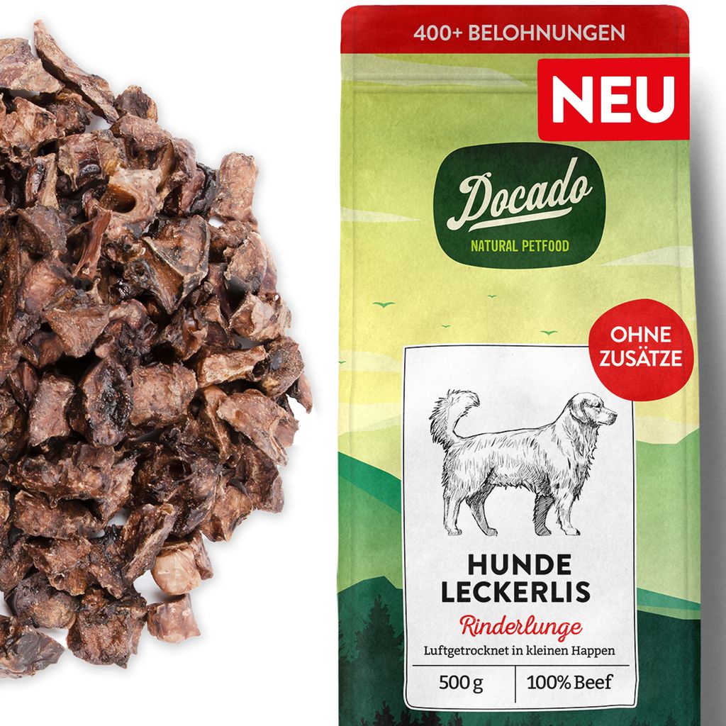 Docado Natural Petfood Rinderlunge Luftgetrocknet Hundesnack Leckerli 500g | Proteinreich, Getreidefrei, Sensitiv, Nachhaltig