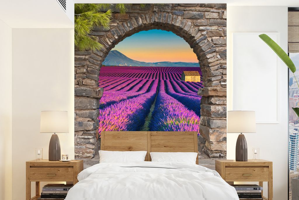 MuchoWow Fototapete für Wohnzimmer oder Schlafzimmer Wandtapete Vinyl Motivtapete Lavendel - Abend - Ausblick - Blumen - 205x280 cm - Wandbild