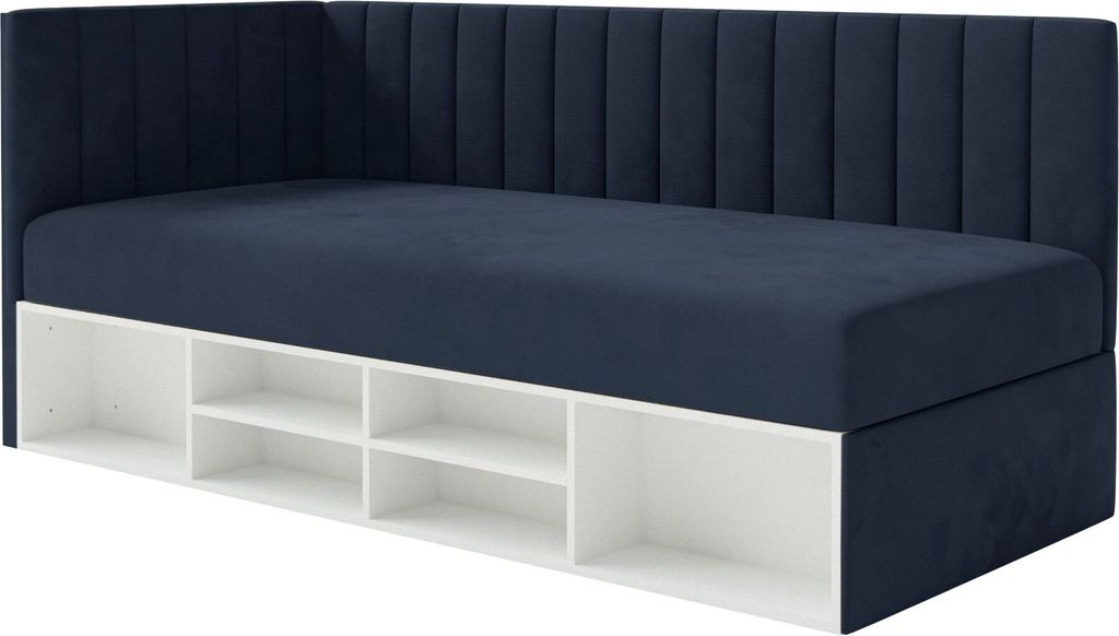 Selsey Ventrio - Jugendbett linksseitig mit Regalen, Easy-Clean-Samtbezug, dunkelblau