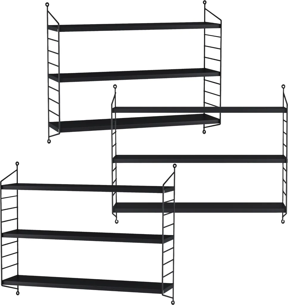 Set 3 Mensole Modulari Strängnäs Nero Acciaio 50x60x15cm | Design Moderno