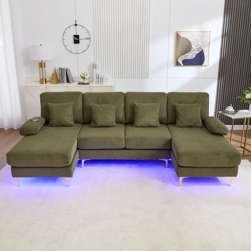 LVHOM U-Form Ecksofa mit Schlaffunktion & LED-Beleuchtung, Wohnzimmersofa mit USB-Anschluss, Cord Stoff Couch Sofa, Grün