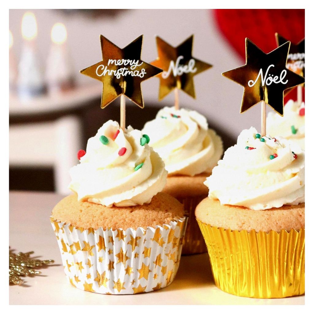 Weihnachtliche Backförmchen und Cupcake-Dekorationsset - Goldene Sterne (24 Stück)