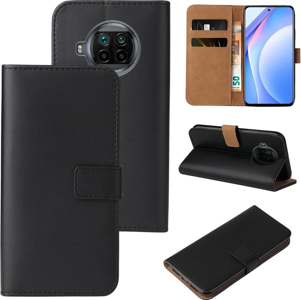 A collage of images showing a black flip phone case for a Xiaomi Mi 10T Lite.
