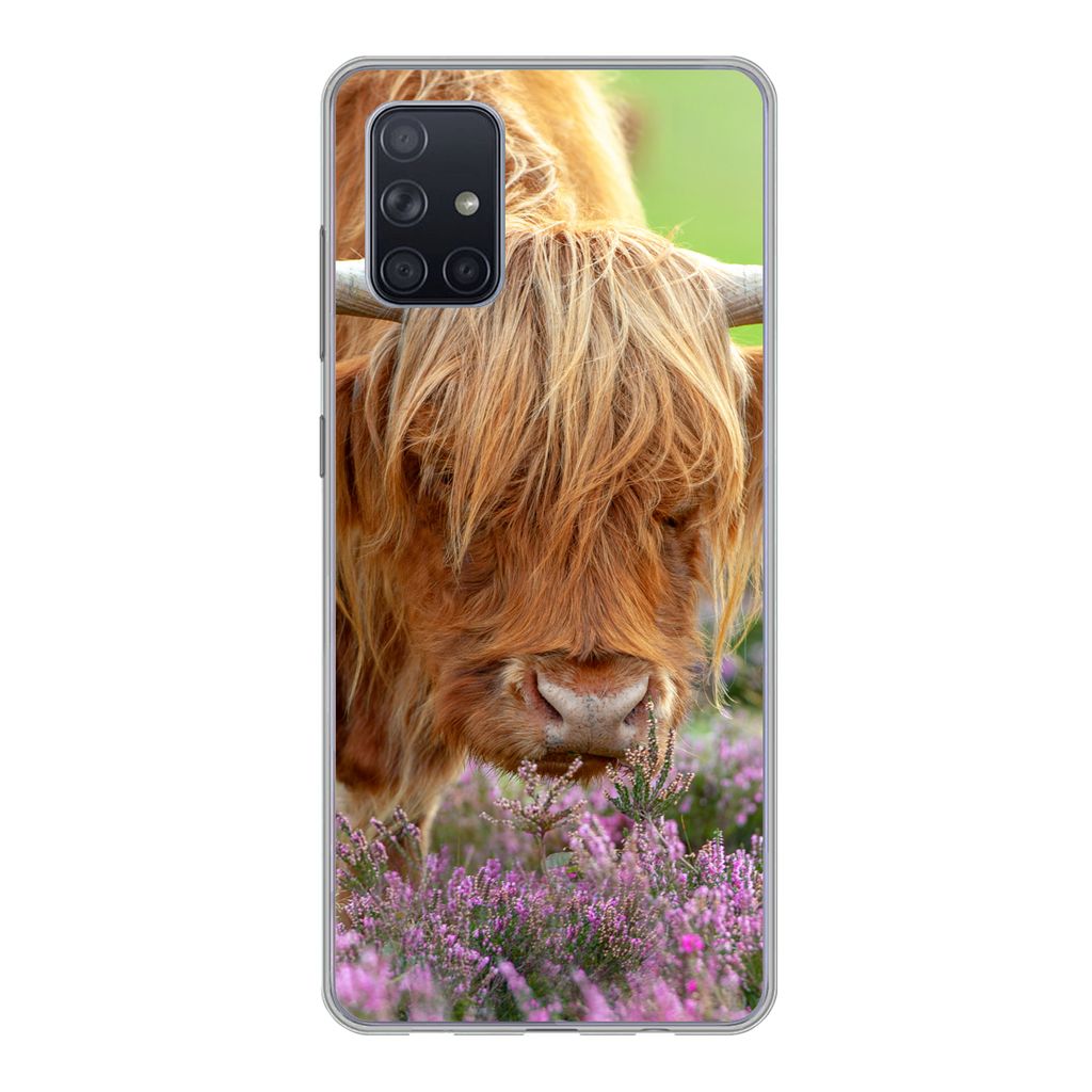 MuchoWow Handyhülle Schutzhülle Hülle für Samsung Galaxy A51 Schottischer Highlander - Lila - Blumen Silikon Softcase Handy Hülle - Schutzab...