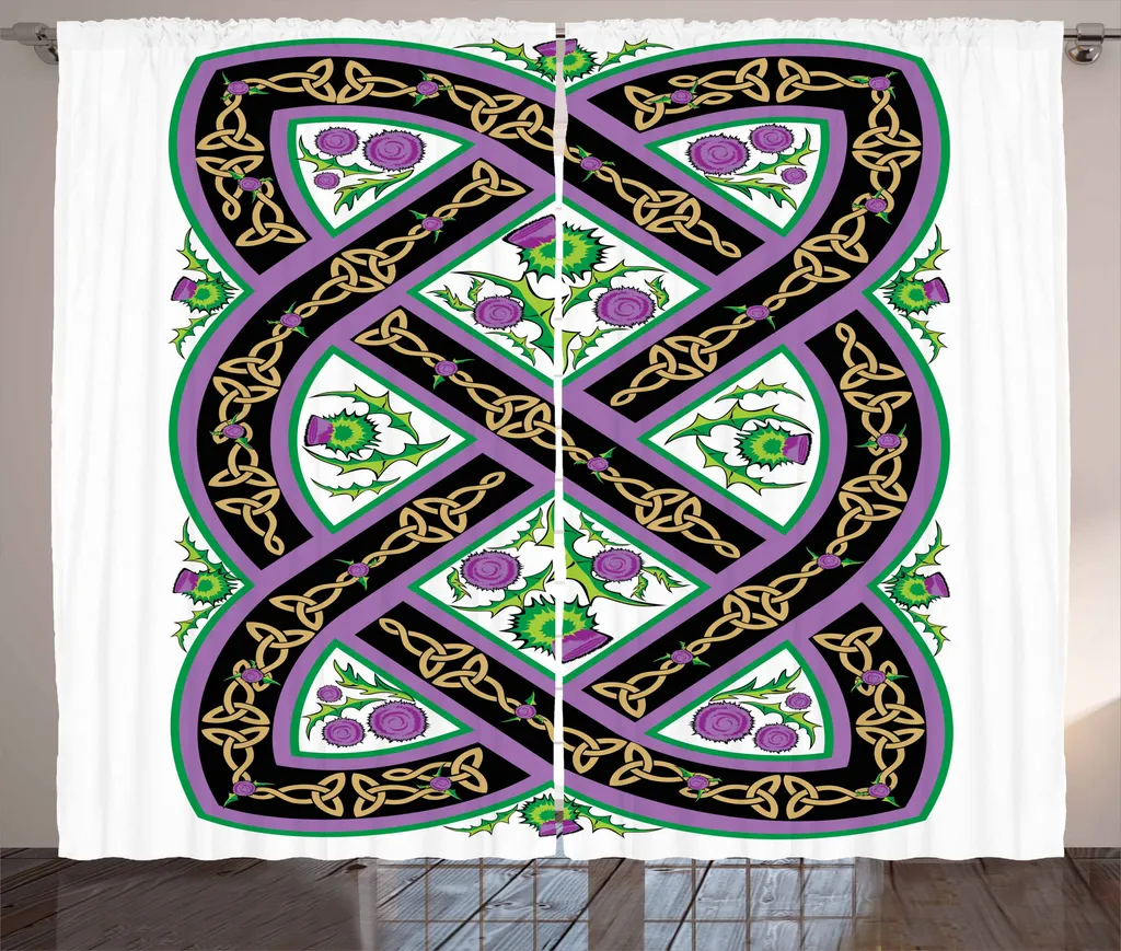 ABAKUHAUS Scozia Tenda rustica, motivo ornamentale celtico, tenda con passanti e ganci per camera da letto, 280 x 175 cm, nero verde rosa