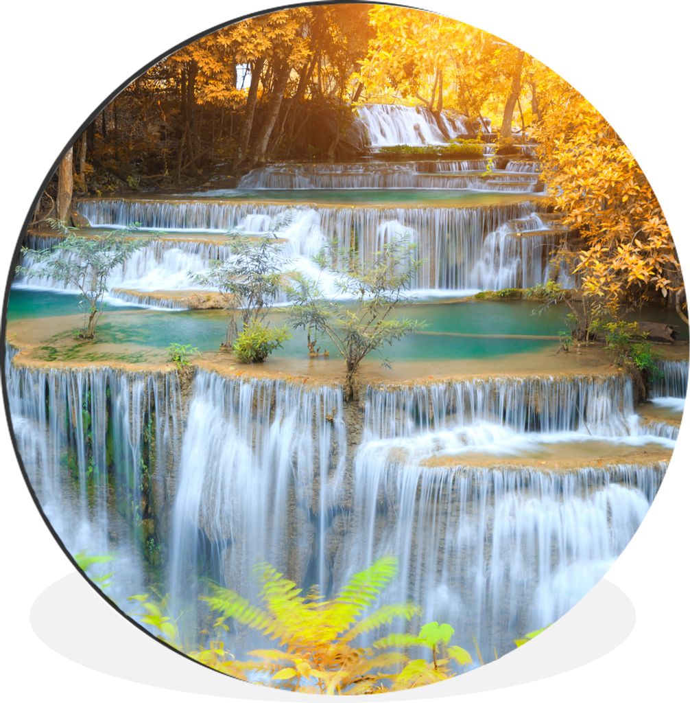 MuchoWow Aluminium Wandkreis Wasserfall - Herbst - Bäume - Braun - Wasser Ø 90 cm Wanddeko Modern Wohnzimmer - Mauerkreis - Wandbilder - Runde ...