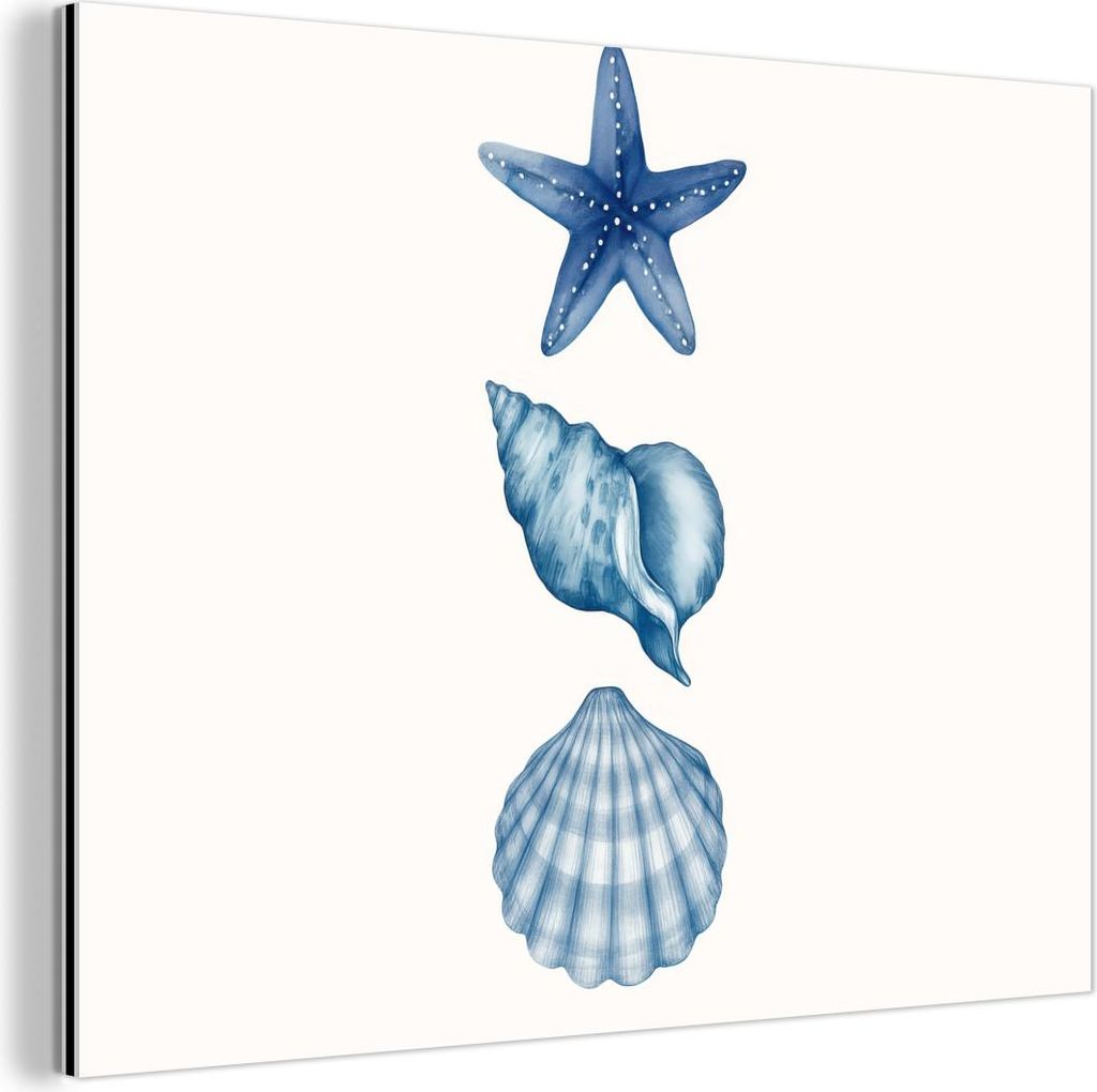 MuchoWow Wanddekoration Metall Metallbild Wandkunst 80x60 cm Seestern - Muscheln - Blau MuchoWow Aluminium Gemälde - Alubild