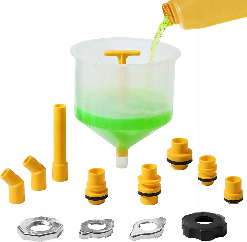 A set of coolant filling funnels and adapters is displayed against a white background. A yellow liquid is being poured into the main funnel.