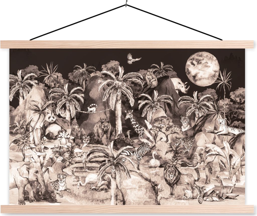 MuchoWow Textilposter Dschungel - Tiere - Kinder - Bäume - Pflanzen 120x80 cm mit holzfarbenen Rahmen - Aufhängeset