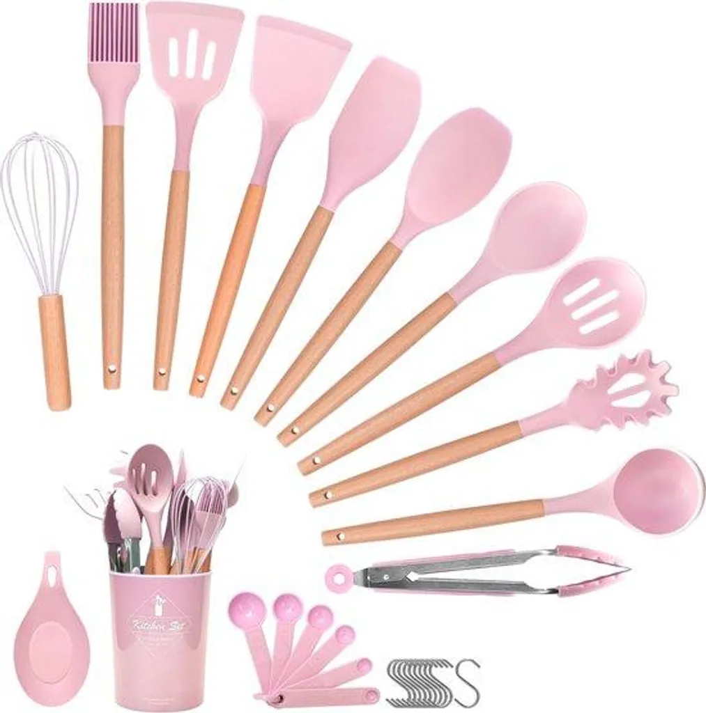 Kit ustensiles de cuisine silicone rose pour pâtisserie et cuisson