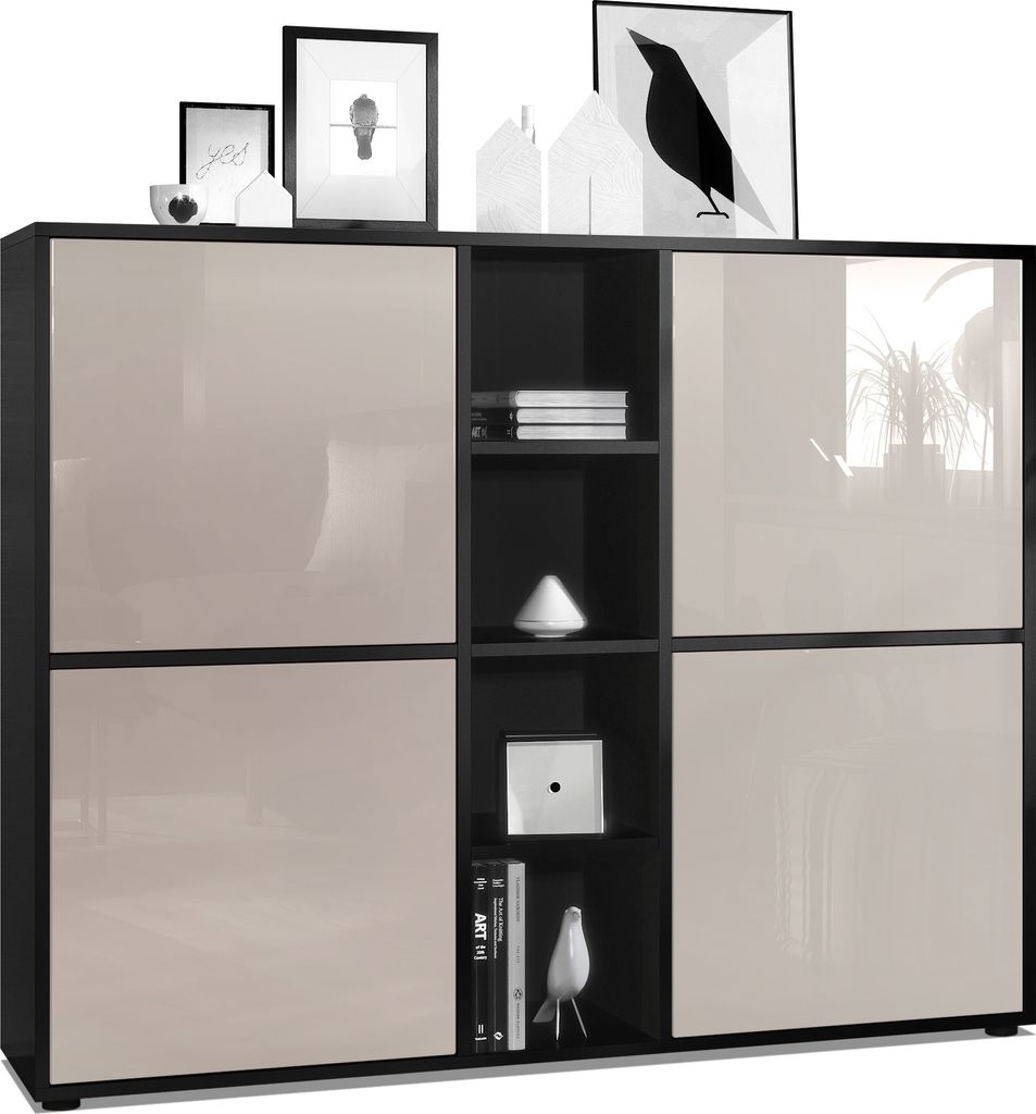 Vladon Highboard Cuba V3, Germany, Schwarz matt/Sandgrau Hochglanz - Moderne Anrichte mit 12 Fächern (130,5 x 105,5 x 35,5 cm)