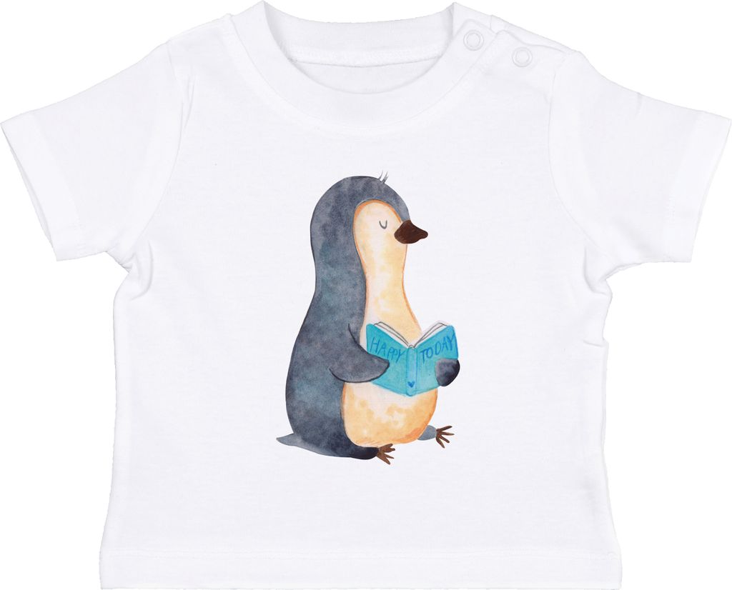 Mr. & Mrs. Panda Organic Baby Shirt Pinguin Buch 12. - 18. Monat - Weiß - Geschenk, Ferien, Nichtstun, Kinder Top, Urlaub, T-Shirt, Lesen, Ausruhe...