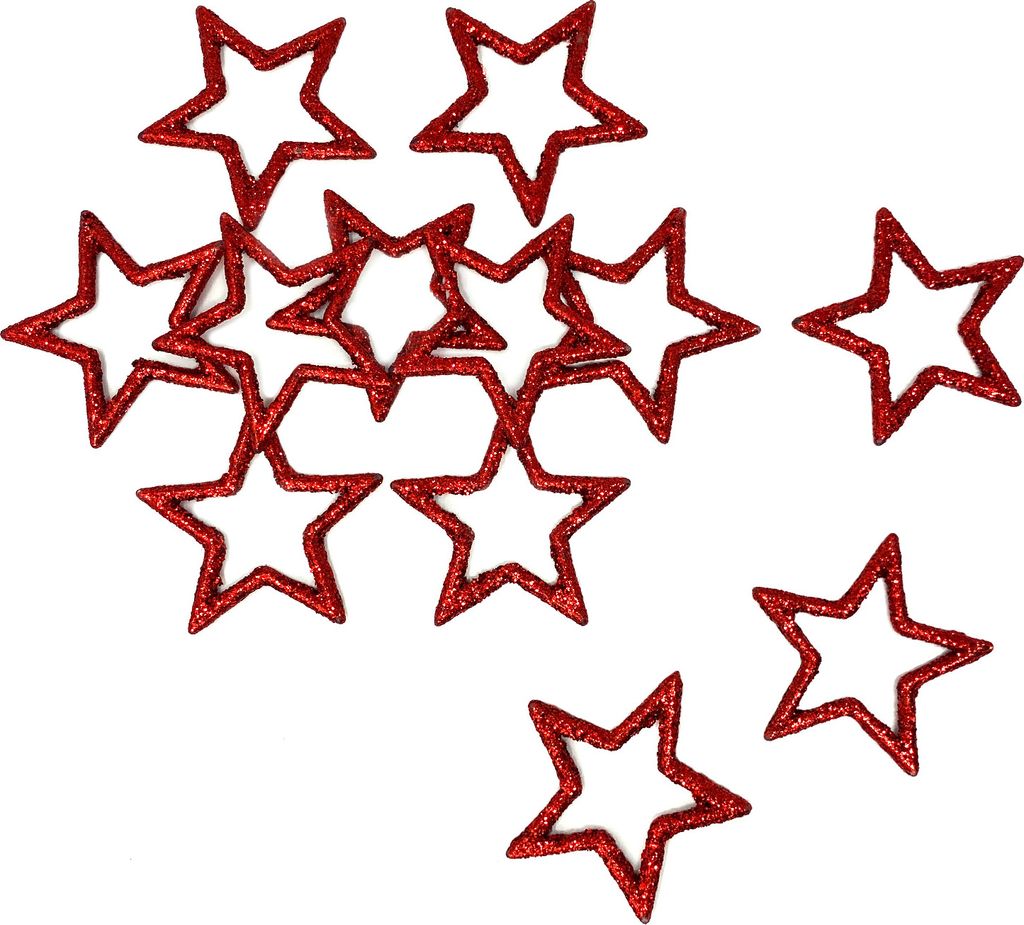A collection of red glitter star-shaped cutouts scattered on a white background.