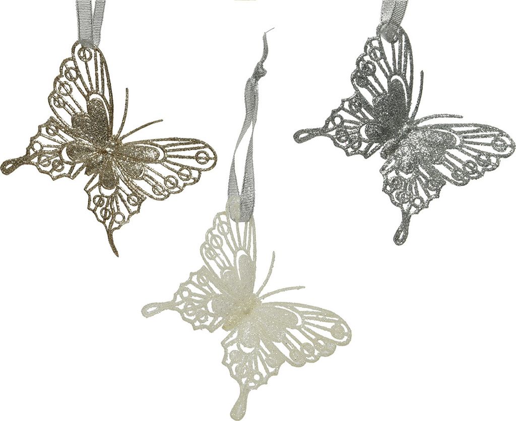 Christbaumschmuck Kunststoff Schmetterling 8cm silber / weiß, 3er Set