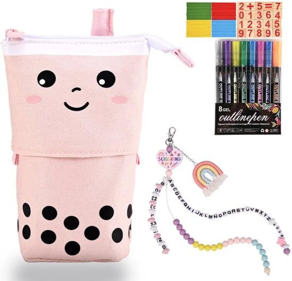 Trousse Scolaire Rose Garnie de Chiffres en Bois et Crayons Couleur